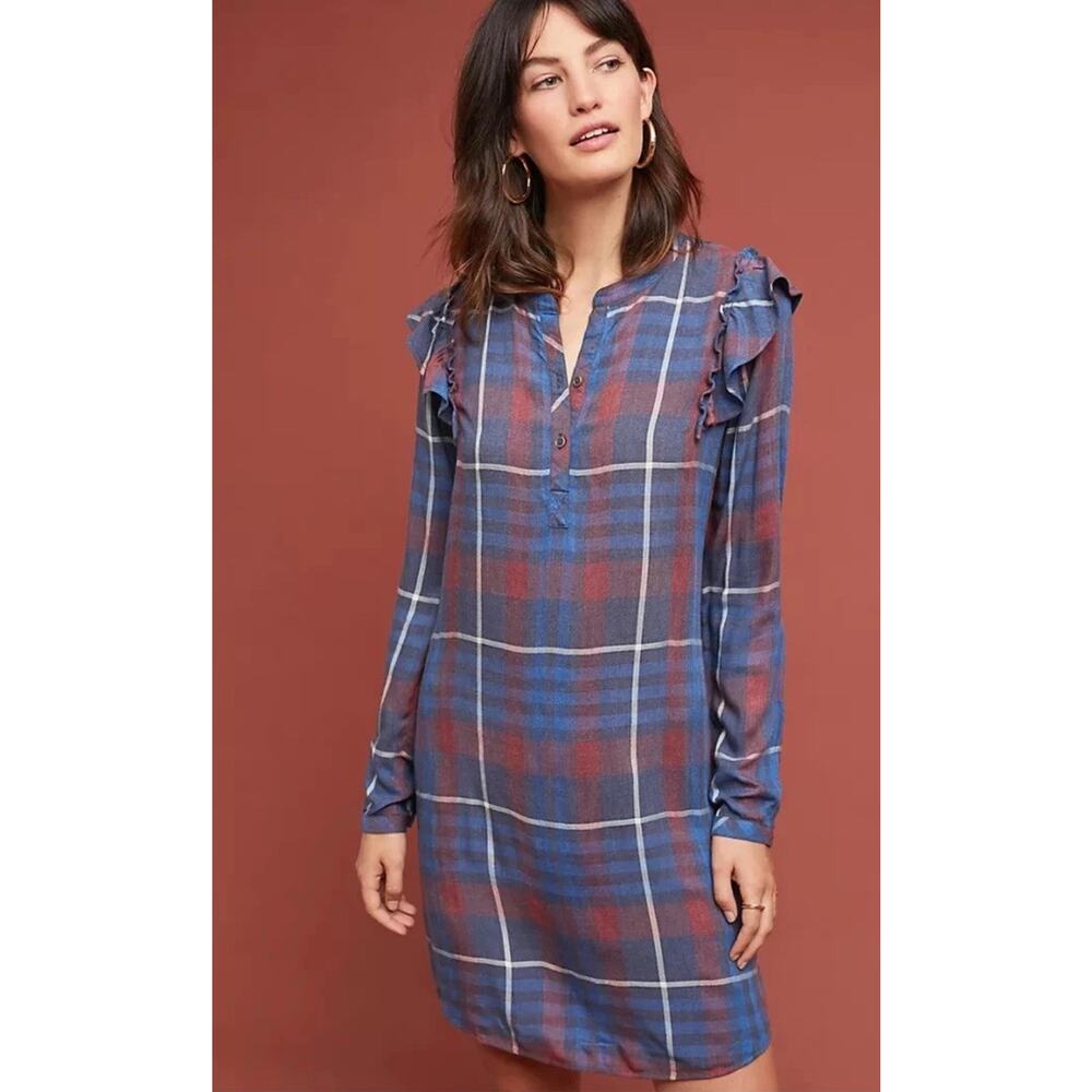 Anthropologie Cloth & Stone Blue Plaid Ruffled Shirtdress Sz Small MIDI Preppy